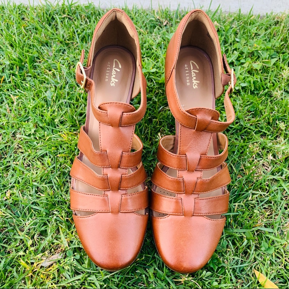 Clark’s Ciera Gull Brown Leather Caged Heels